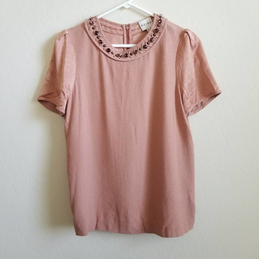 Reiss Blush Pink Jeweled Embellished Collar Shirt Sleeve Blouse Size 6